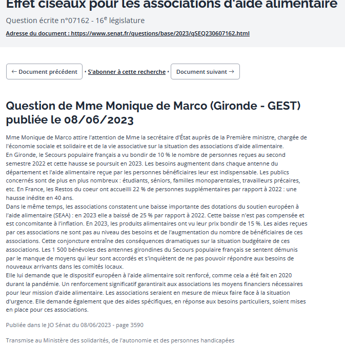 Question écrite : difficultés financières des associations d’aide alimentaire